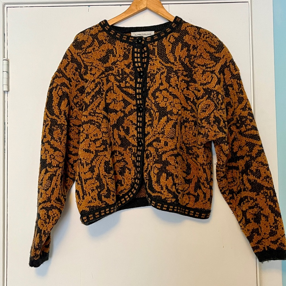 Large Vintage Alfred Sung Chenille \ Wool Cardigan Jacket. Gold and Black.